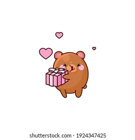 Vector isolate illustration cute brown Bear gets hug package gift joy kawaii chibi cartoon Japanese style Emoji character sticker emoticon smile emotion mascot design