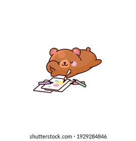 Vector isolate illustration cute cartoon bear draws art sketch pencil lying on stomach kawaii chibi Japanese style Emoji character sticker emoticon smile emotion mascot artist design