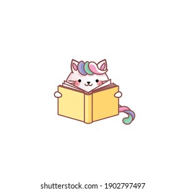 Vector isolate illustration cute Cat Kitty kitten reads book learning development kawaii chibi Japanese style Emoji character sticker emoticon smile emotion mascot animation website motion design