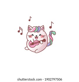 Vector isolate illustration cute Cat Kitty kitten sing song play guitar music note kawaii chibi Japanese style Emoji character sticker emoticon smile emotion mascot animation website motion design