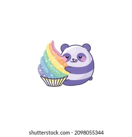 Vektor isolierte Illustration süße Panda cub Logo Umarmungen Kuchen Nachtisch leckere kawaii chibi japanischen Stil Emoji-Charakter Aufkleber Emoticon Lächeln Emotionen Maskottdesign