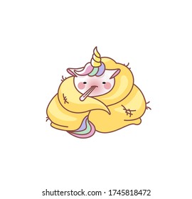 Vector isolate illustration cute unicorn ill sick thermometer wrapped blanket kawaii cartoon Japanese style Emoji character sticker emoticon smile emotion mascot animation web newsletter motion design