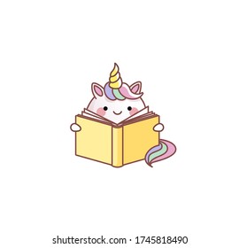 Vector isolate illustration cute unicorn reads book learning development kawaii cartoon Japanese style Emoji character sticker emoticon smile emotion mascot animation website newsletter motion design