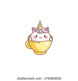 Vector isolate illustration cute unicorn sitting peeks out of cup kawaii cartoon Japanese style Emoji character sticker emoticon smile emotion mascot animation website newsletter motion design