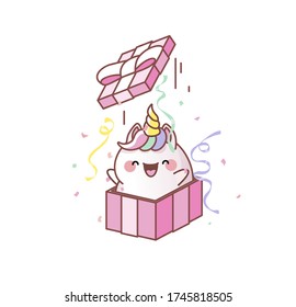 Ilustración de vectores aislado lindo unicornio salta de la caja de regalo saludo kawaii caricatura estilo japonés Emoji caricatura emoticono sonrisa emoción mascota sitio web de animación boletín de diseño de movimiento