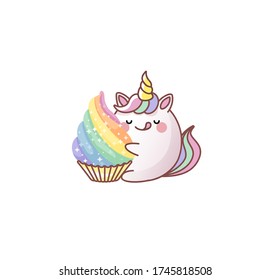 Ilustración de vectores aislado lindo unicornio abrazos quequitos postre delicioso caricatura kawaii estilo japonés Emoji caracter emoticono sonrisa emoción mascota animación web boletín informativo diseño de movimiento