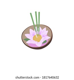 Vector isolate illustration design concept of Incense and pink flower and green leaves gel candle in Coconut shell Krathong , Loy Krathong Festival concept: Celebration and Culture of Thailand 