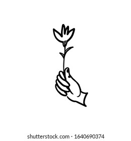 Vector isolate line hand holds a flower. Hand holds a black flower on a white background. Template for greeting card, congratulation, gift, present, icon, emblem, header, image.
