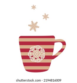 Сup vector isolate. Red, striped cup with hot drink with snowflakes, winter hand drawn illustration of simple items for your design.