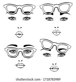 Vector  isolate  set  of women  faces with  glasses. Faces have different  emotions.  Black and white colour. 