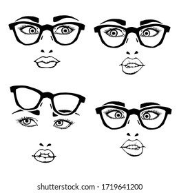 Vector  isolate  set  of women  faces with  glasses. Faces have different  emotions.  Black and white colour. 