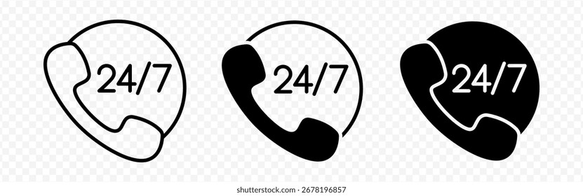 Vector isolated 24 7 Service icon set in black outline and fill