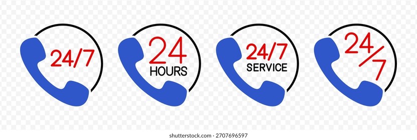 Vector isolated 24 7 Service icon set in black, red, and blue color