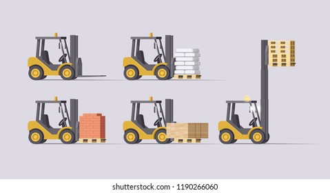 Vector isolated 3d flat forklift loader with building materials