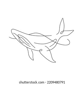 Vector isolated abstarct floating whale under water colorless black and white contour one single line easy drawing