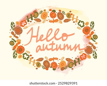Vector Isolated Abstract bright greeting card Hello autumn. Handmade. Congratulations. Orange Pastel colors. Flat cute trendy illustration. Hand drawn unique print. Design for cover. Not AI. EPS 10.