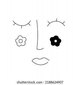 Vector isolated abstract face with closed eyes and flower cheeks colorless black and white contour line drawing