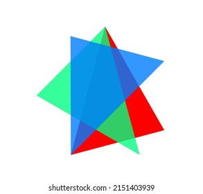 Vector isolated abstract geometric element of three colored translucent geometric shapes superimposed on each other with color mixing