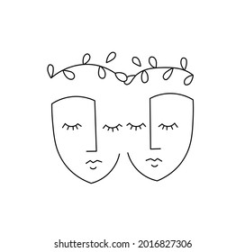 Vector isolated abstract graphic drawing two sleeping faces  Mirror faces line drawing