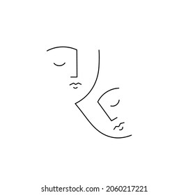 Vector isolated abstract graphic drawing two sleeping faces. Mirror sad faces line drawing