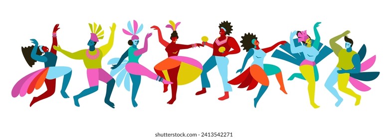 Vector aislado ilustraciones abstractas de divertidos bailes hombres y mujeres con disfraces brillantes. Carnaval de Brasil. Elementos de diseño para el concepto de carnaval y otros usos