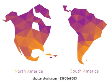 Vector isolated abstract map of North and South America on a white background. Map of Latin America in the style of low poly. North America polygonal style. Poster with map of continents