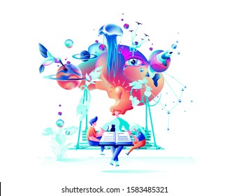 Vector isolated abstract modern colorful illustration woman teaches children teacher education mother with son and daughter read book on swing family study learning white background