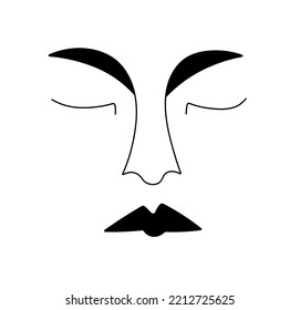 Vector isolated abstract  sleeping face with closed eyes and big black brows and lips colorless black and white contour line easy drawing
