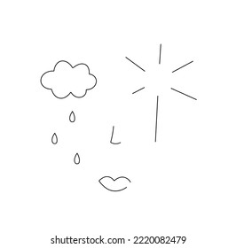 Vector isolated abstract woman face Weather Mother nature and rainy cloud   sun rays colorless black   white contour line easy drawing