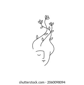 Vector isolated abstract woman fase drawing and flower hairs  Mother Nature abstract graphic drawn symbol   