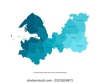 Vector isolated administrative simplified map with blue silhouettes of regions in Leningrad Oblast including Saint Petersburg. White background and text in english language