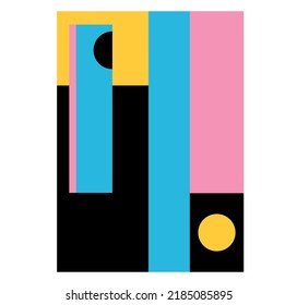 Vector isolated aethetic geometric abstraction in vertical rectangle in black blue pink and yellow colors 