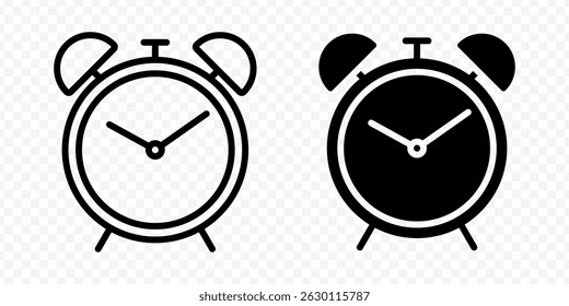 Vector isolated Alarm Clock icon set in black outline and fill