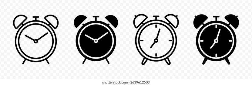 Vector isolated Alarm Clock icon set in black outline and fill