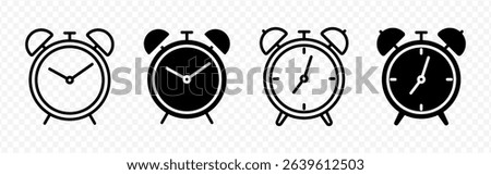 Vector isolated Alarm Clock icon set in black outline and fill
