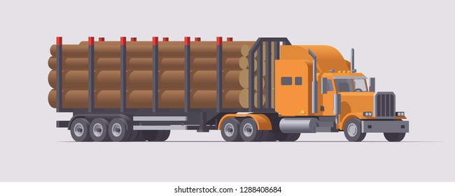 Vector isolated american logging semi truck with timber carrier semi trailer with logs