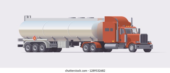 Vector isolated american semi truck with semi gasoline gas oil tanker trailer