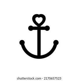 Vector isolated anchor with heart on top colorless black outline silhouette stencil