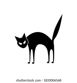 Vector Isolated Angry Cat Silhouette. Halloween Character For Decoration. Contour Of The Cartoon Cat