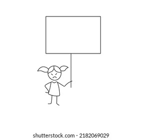 Vector isolated angry doodle girl with poster banner protest colorless black and white contour line drawing
