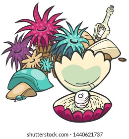 Vector isolated arrangement of underwater objects with open shell with pearl. Cartoon style illustration