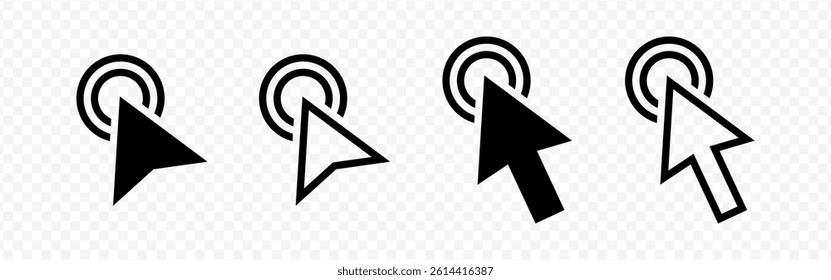 Vector isolated Arrow Cursor icon set in black outline and fill