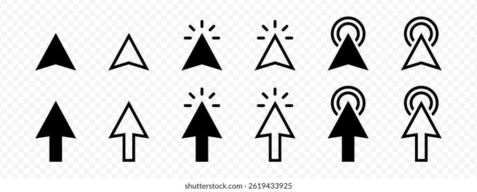 Vector isolated Arrow Cursor icon set in black outline and fill