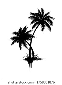 Vector isolated art icon silhouette drawing illustration of black abstract two palms trees are looped around with gross and drips of paint, print design for t-shirt.Sticker.Summer.