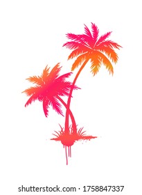 Vector isolated art silhouette drawing illustration of pink orange yellow gradient abstract two palms trees are looped around with gross and drips of paint, print design for t-shirt.Sticker.Summer.