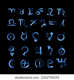 Vector isolated astrological set of zodiac signs and planets with neon effect.