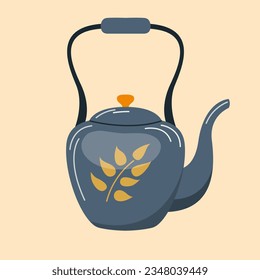 Vector aisló la ilustración de otoño de la tetera azul. Imagen para imprimir, postal, banner. El concepto de platos, comida, humor otoñal, cocina.