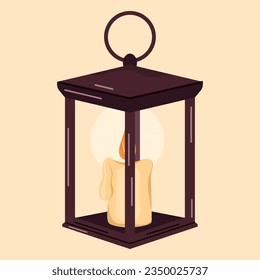 Vector isolated autumn illustration of a burning candle in a lantern. Image for printing stickers, as an element of postcards, banners and illustrations. Autumn mood concept.