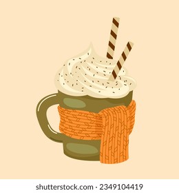 Vector isolated autumn illustration of a cup of hot drink with cream. Image for printing stickers, as an element of postcards, banners and illustrations. The concept of autumn mood, drinks.