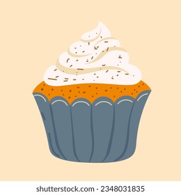 Vector aislado de la ilustración otoñal del muffin de calabaza naranja con mermelada. Imagen para imprimir, postal, banner. El concepto de comida, humor otoñal, cocina.